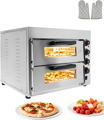 Immagine prodotto di Forno per pizza professionale a doppia camera, forno elettrico per pizza con 2 piani in pietra refrattaria, potenza di 3000W, temperatura regolabile da 50 a 350°, timer (1-60 minuti), forno in pietra professionale per pizza, pane e prodotti da forno