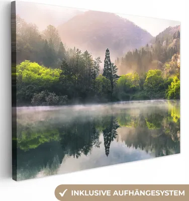 Produktbild von MuchoWow® - Leinwandbilder - Natur - Bäume - Berge - See - Wasser, Wandbild, Wanddeko Bilder Wohnzimmer, 120x90cm