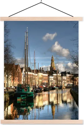 Produktbild von MuchoWow® Textilposter Groningen - Grachtenhaus - Segelboot 120x160 cm mit holzfarbenen Rahmen - Plakatkarton