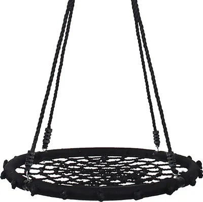 A black nest swing suspended by ropes against a white background.