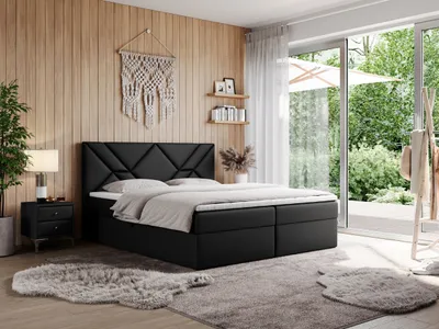 Produktbild von MKS MEBLE Boxspringbett 180x200 mit Matratze H3 und Bettkasten, Doppelbett Bett mit Stauraum und Topper, Polsterbett 180x200 mit Kopfteil - NEOMI - Schwarz Kunstleder - H3