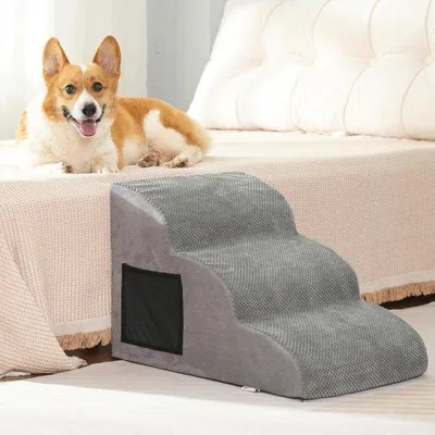 Zdjęcie produktu dla Schodki dla psów 60 x 40 x 40 cm – miękki model z 3 stopniami dla małych psów