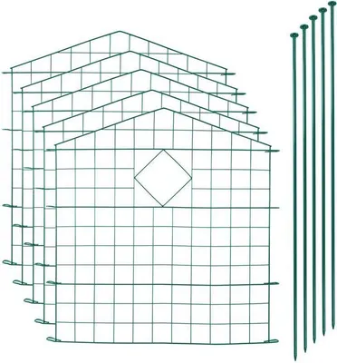 Produktbild von ESTEXO Teichzaun, 5 Elemente, Grün, Gitter-Steckzaun mit Oberbogen spitz, Metall pulverbeschichtet, Breite: ca. 71 cm, Höhe: ca. 77,5 cm (je Element), 11-teiliges Set