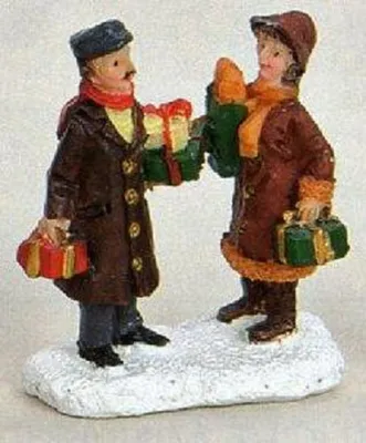 Zwei Figuren, die sich Geschenke austauschen. Detailreich gestaltet.
