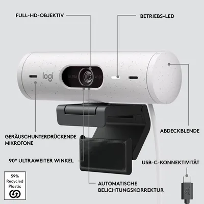 Produktbild von Logitech Brio 500, 4 MP, 1920 x 1080 Pixel, Full HD, 60 fps, 1280x720@60fps, 1920x1080@30fps, 1080p, 720p