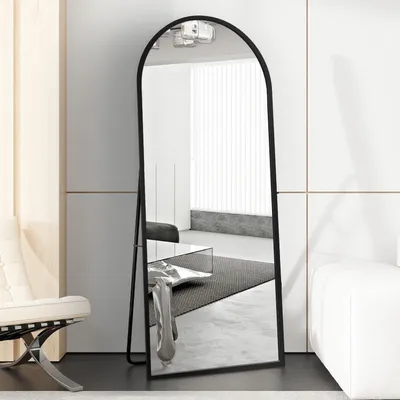 Image de Miroir mural complet, miroir incurvé, 180x80 cm, noir, aluminium, verre trempé, peut être posé sur un support, incliné ou fixé au mur