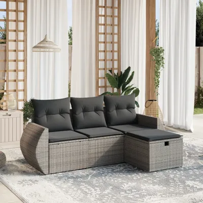 Produktbild von Design 4-tlg. Garten-Sofagarnitur mit Kissen Grau Poly Rattan, Gartenmöbel-Sets 2024 Neu