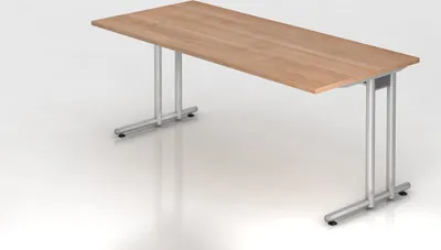 Produktbild von Schreibtisch Mauno | Nussbaum | BxT 180x80cm | Arbeitshöhe 72cm | höhenjustierbar 0-10 mm | C-Fuß-Gestell Silber | Rechteckform