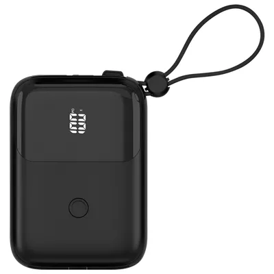 A black power bank with a digital display and a lanyard loop, shown against a white background.