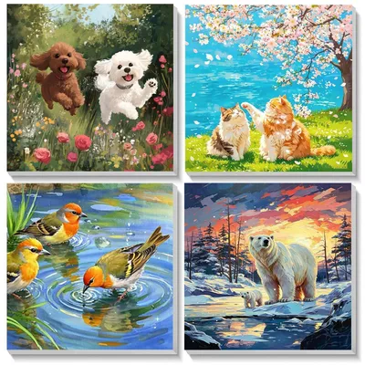 Immagine prodotto di Kit per bambini per dipingere per numeri, con cornice, 4 pezzi, 20x20 cm, paesaggi e animali, set creativo fai-da-te, include tela, pennelli e colori acrilici