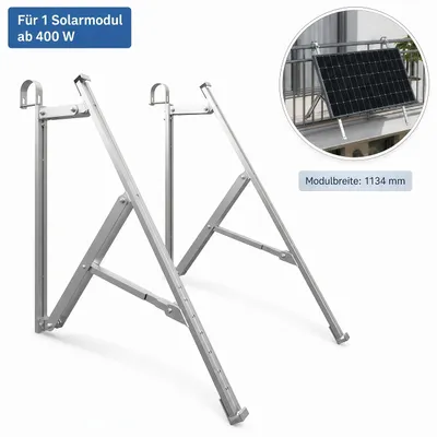 Produktbild von Schwerlast Balkonkraftwerk Halterung für 1 Solarmodul 400–600 W, bis 1134 mm, 10°–40° verstellbar, Aluminium, für Balkon, Flachdach & Wand