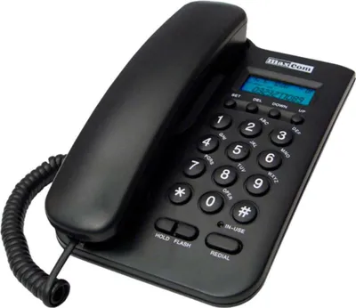 A black corded telephone is shown from a diagonal angle against a white background.