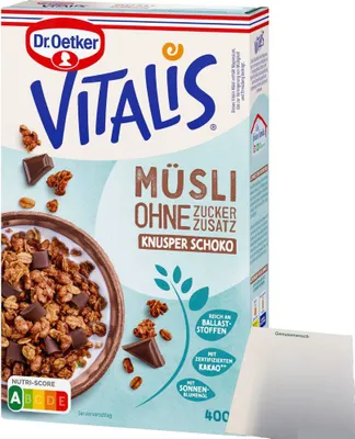 Produktbild von Dr. Oetker Vitalis Müsli Knuspermüsli Schoko ohne Zuckerzusatz (400g Packung) + usy Block