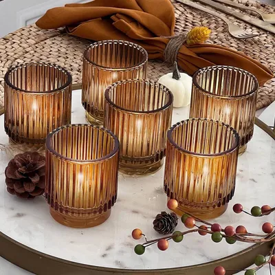 Set von 6 Vintage Gerippten Bernstein Glas Teelichthalter & Votivkerzenhalter