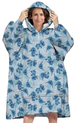 Zdjęcie produktu dla Koc z kapturem dla dorosłych Lilo & Stitch - przytulna narzuta z koralowego polaru Onesize