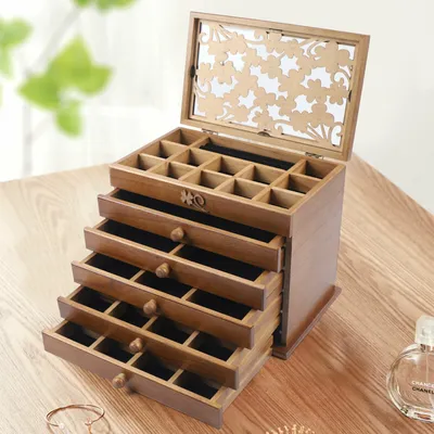 Zdjęcie produktu dla Pudełko na biżuterię w stylu vintage 6-warstwowe drewniane pudełko na biżuterię organizer na bransoletki kolczyki naszyjniki pierścionki broszki