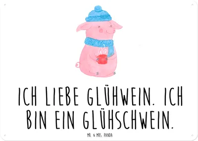Produktbild von Mr. & Mrs. Panda Magnetschild Schwein Glühwein DIN A6 - Weiß - Geschenk, Punsch, Blechtafel, Glühschwein, tafel, Weihnachtsmarkt, Schild, Wandbild, Türschild, Weihnachten