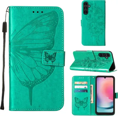 Produktbild von Lederhülle für Samsung Galaxy A05S Schmetterling Prägung Flip Ledertasche Kartenfächer Handyhülle mit Ständer Grün