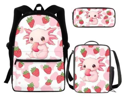 Obrázek produktu pro Sada školních tašek, 3 kusy, včetně obědové krabičky a pouzdra, motiv: axolotl s květinami sakury, dětský batoh