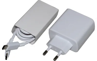 A white Samsung fast charger and a white USB-C cable are displayed on a white background.