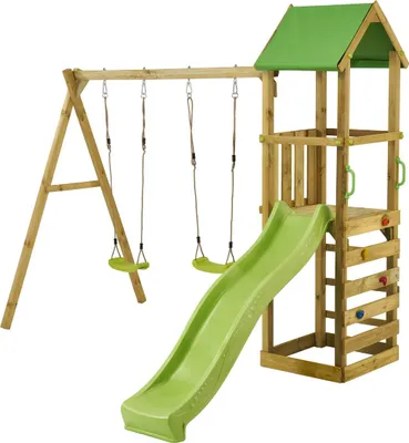 Image de KANGUI Aire de jeux bois enfant WALLI 120 - Toboggan, balançoires, escalade et cabane