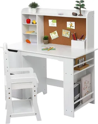 Imagen del producto de Juego de escritorio y silla para niños, de madera/MDF – Mesa de estudio con estantería, tablón de anuncios y armarios de almacenamiento, color blanco, para niños y niñas de 3 a 8 años