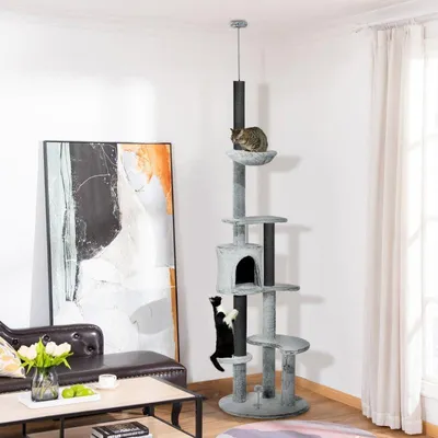 Obrázek produktu pro Kočičí strom s plošinou a houpací sítí | Barva: Šedá | Rozměry: 60x60x225-255 cm