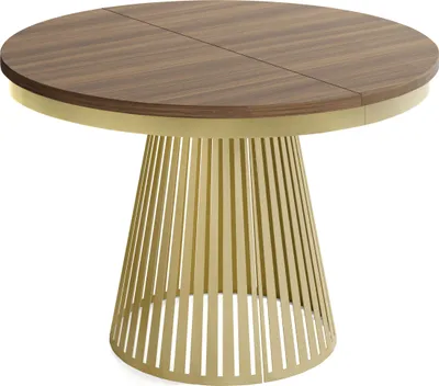 Produktbild von Esstisch Rund Ausziehbar mit Lamellen im Loft-Stil – 120 bis 200 cm – Industrieller Tisch mit Metallbeinen in Gold, Platzsparend für Wohnzimmer oder Esszimmer – Walnuss Braun