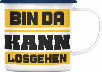 Produktbild von Trendation - Bin Da Kann Losgehen Emaille Tasse Lustiger Spruch Kollege Kollegin Witzige Emaille Emaille Tasse mit Spruch (Blau)