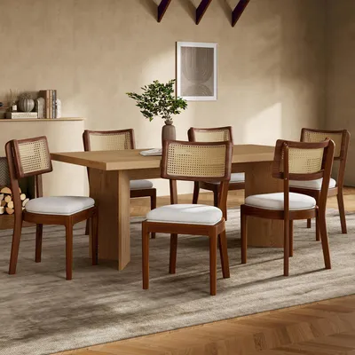Immagine prodotto di Flieks sedie da pranzo in rattan sedie da cucina 6, sedia da soggiorno in rattan con cuscino in lino, 50x58x88cm, colore noce