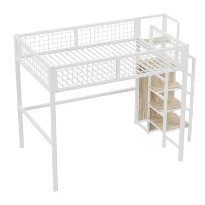 Produktbild von Flieks Etagenbett 140×200cm mit Treppe und Kleiderschrank, Hochbett Jugendbett mit Lattenrost, Kinderbett mit Rausfallschutz, Doppbelbett Metallbett