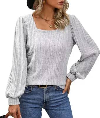 Produktbild von ASKSA Damen Langarmshirt Square Neck Casual Elegant T-Shirts Basic Einfarbig Bluse Oberteile, Hellgrau, XL