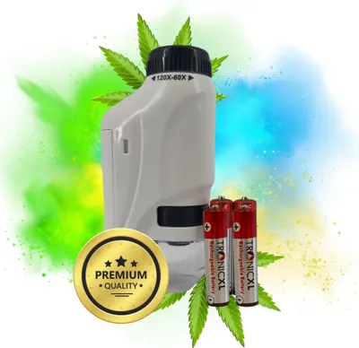 Immagine prodotto di Microscopio tascabile per la coltivazione + batterie ricaricabili Lente d'ingrandimento 60x - 120x Microscopio per tricomi Accessori per il raccolto per grow box Grower Aiuto per il raccolto Test