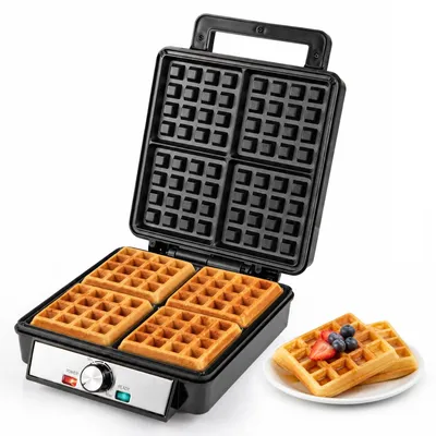 Imagen del producto de COSTWAY, plancha para gofres de 1200W, para 4 gofres belgas. Máquina para gofres con selector giratorio, revestimiento antiadherente, luces indicadoras y mango aislante térmico