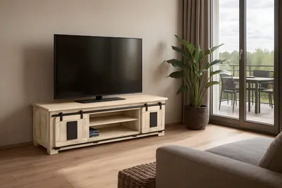 Produktbild von Lowboard Kommode TV-Board mit Schiebetüren & 6 Fächern Akazie massiv eiche 180 x 55 x 50 cm LIBRO