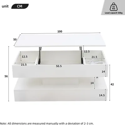 Obrázek produktu pro okwish Konferenční stůl, Kávový stůl s LED osvětlením a ukrytým úložným prostorem - Odkládací stůl s hydraulickým zvedákem, Bílý