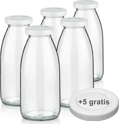 Produktbild von Milchflaschen 0,25L Smoothie Saft Flaschen 250ml leere Glasflaschen Deckel BPA frei, 5 Milchflaschen mit 10 Deckeln