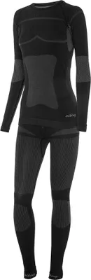 A black and grey thermal underwear set for women, displayed on a white background.