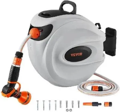 Productafbeelding van Famanu Wandslangbox 20 meter - Automatisch oprolsysteem, wandmontage, 180° draaibaar - Wit/Grijs