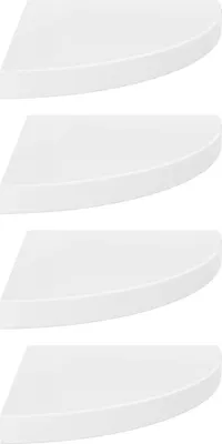 Four white corner shelves are stacked vertically against a white background.