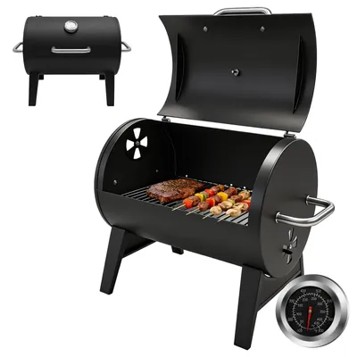 Produktbild von Sunjas Holzkohlegrill mit integriertem Thermometer, Barrel-Design, Campinggrill Kohle BBQ Grills, Grillrost 43x32 cm K-4930
