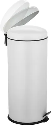 A white pedal bin with its lid open, shown against a white background.