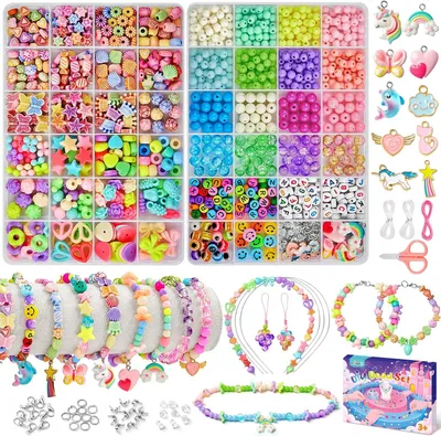 Productafbeelding van Kralen voor armbanden voor kinderen, 2 dozen armbanden om zelf te maken voor kinderen, 4 verschillende soorten kralen om op te rijgen