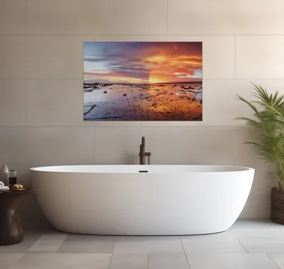 Produktbild von Wallario wasserfestes Poster selbstklebend 91,50 x 61 cm, Wattwanderung am Meer bei Sonnenuntergang, Badezimmerposter Spritzschutz mit Hochglanzoberfläche in Glasoptik