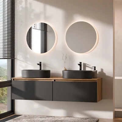 Produktbild von Planetmöbel ARISA Doppelwaschtisch 160 cm in Schwarz mit 2 LED Spiegel NOVA 60 cm und 2 schwarzen Keramik-Aufsatzwaschbecken 55 cm