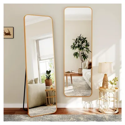Produktbild von Ganzkörperspiegel, 150 x 40 cm, Stand- und Wandspiegel, großer Spiegel mit Ständer, robuster Aluminiumrahmen, HD Ankleidespiegel für Schlafzimmer und Wohnzimmer, Gold