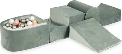 Produktbild von Schaumstoff-Spielset mit Hügel und Mikro-Bällepool – Samtgrau mit Bällebadbällen 100 Stück / Silber, Perle, Roségold