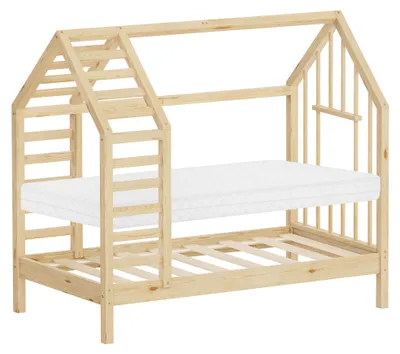 Zdjęcie produktu dla Łóżeczko dziecięce ML-Design 70x140 cm, kolor naturalny, z materacem i stelażem, łóżko-domek z daszkiem, rama łóżka wykonana z drewna sosnowego, łóżko Montessori dla dziewczynek i chłopców