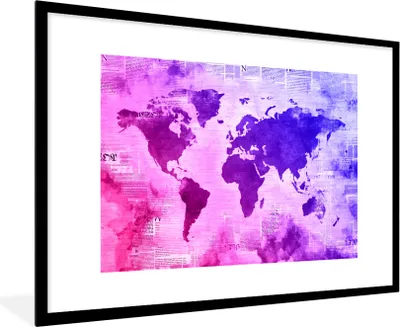 Produktbild von MuchoWow® MuchoWow® Gerahmtes Poster Weltkarte - Rosa - Blau 90x60 cm - Poster mit zchwarzem Bilderrahmen - Wanddekoration - Fotos