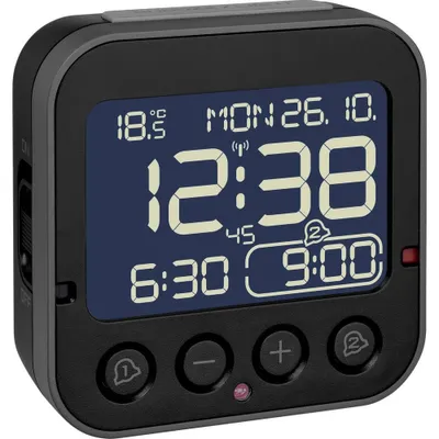 Productafbeelding van digitale zendergestuurde wekker met temperatuur, 2 alarmen, snooze functie, zwart